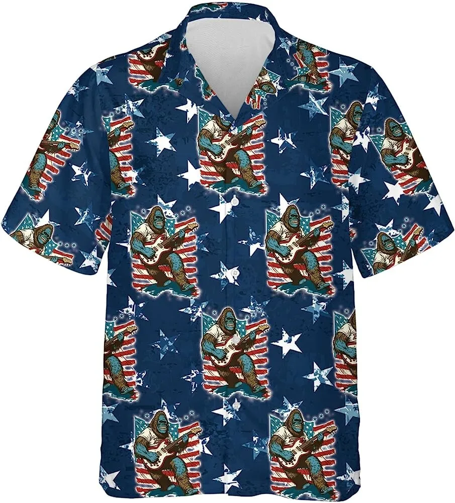 Vintage American Bigfoot Loves Guitar Hawaiian Shirts, Sasquatch Shirt ...