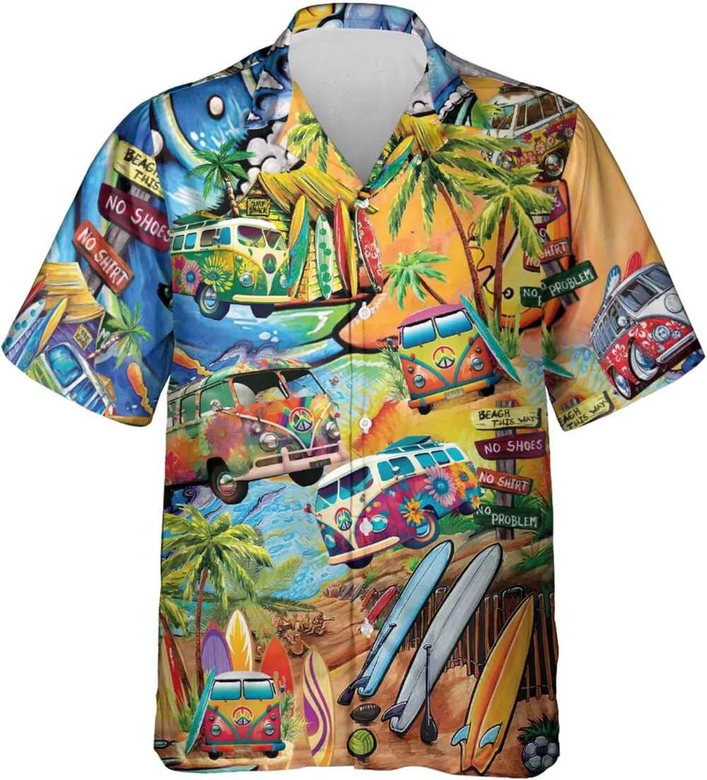 Camping Hawaiian Shirts, Bus Hippie Summer Shirts, Hippie Styles Hawaiian Shirt, Camping Lovers Casual Button Down Shirts For Men Women Short Sleeve