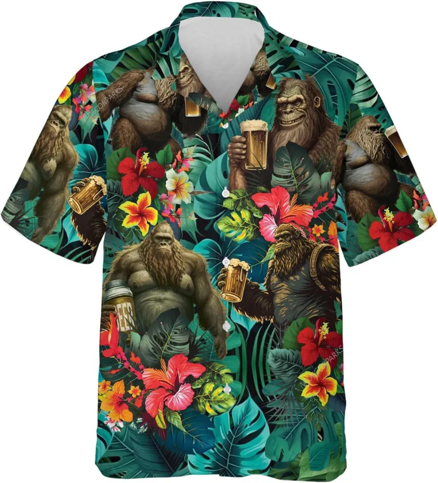 Bigfoot And Beer Tropical Pattern Hawaiian Shirt, Bigfoot Tropical Button Shirt, Summer Beach Shirt, Sasquatch Shirt, Hawaiian Aloha Shirt