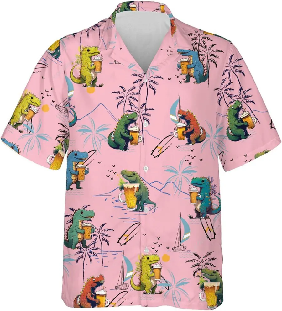 Dinosaur Drinking Beer Tropical Hawaiian Shirts For Men, Dinosaur Hawaiian Aloha Shirt, Tropical Button Shirt, Summer Beach Shirt, Short Sleeve Shirt