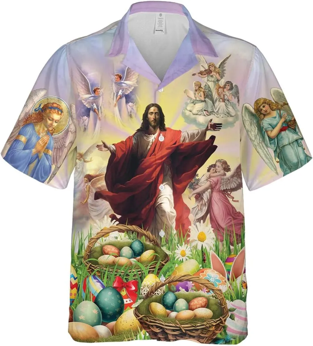 Christian Jesus Easter Hawaiian Shirts, Happy Easter Day Summer Shirts, Christian Short-sleeve Casual Relaxed-fit Button-down Shirts, Religious Shirts
