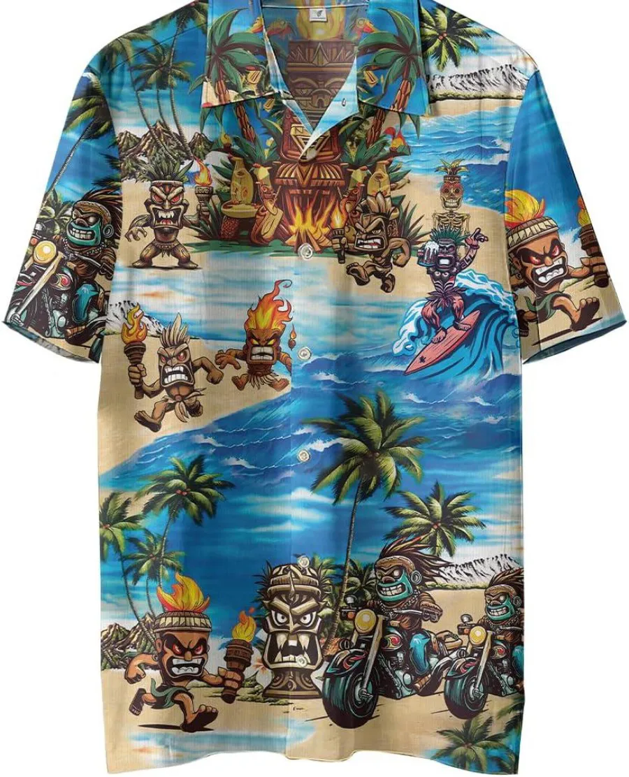 Tropical Tiki Summer Men Hawaiian Shirts, Funny Tiki Camping Short Sleeve Button Down Shirt, Summer Beach Shirt, Tropical Button Shirt, Aloha Shirt