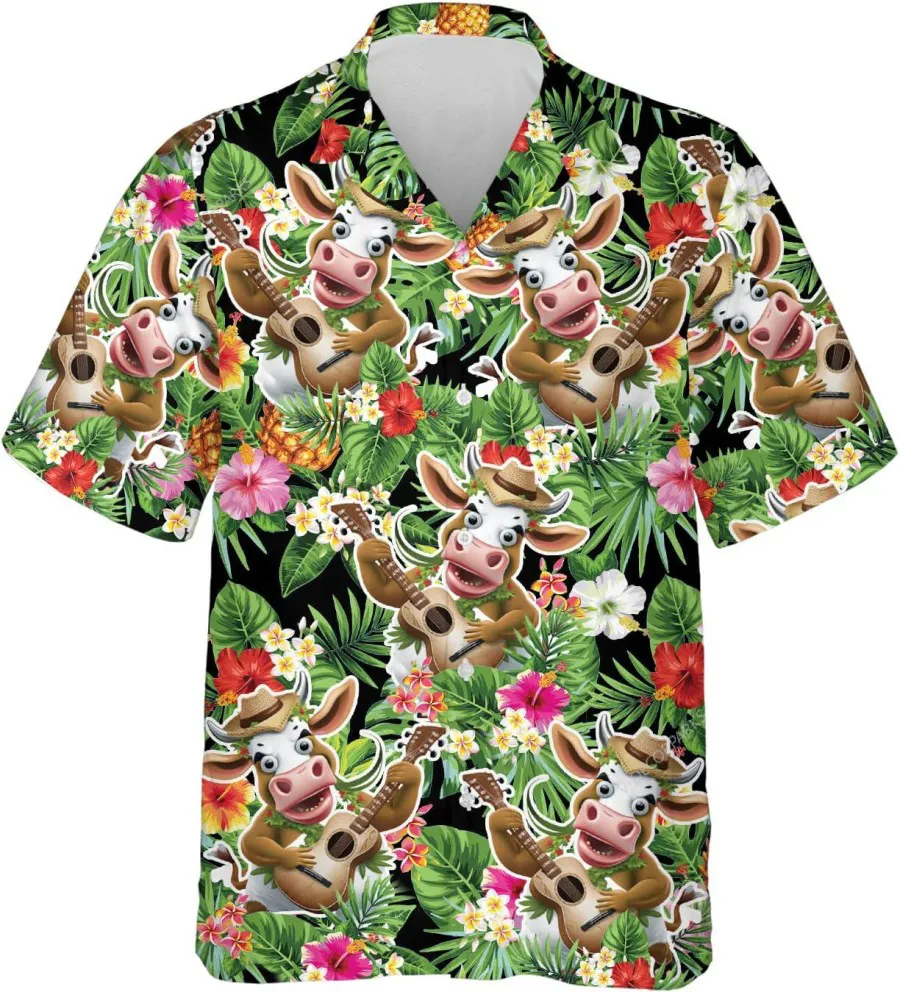 Cow Playing Guitar Tropical Pattern Summer Mens Hawaiian Shirt, Button Vintage Aloha Hawaii Shirt, Summer Vacation Hawaiian Shirt, Aloha Beach Shirt