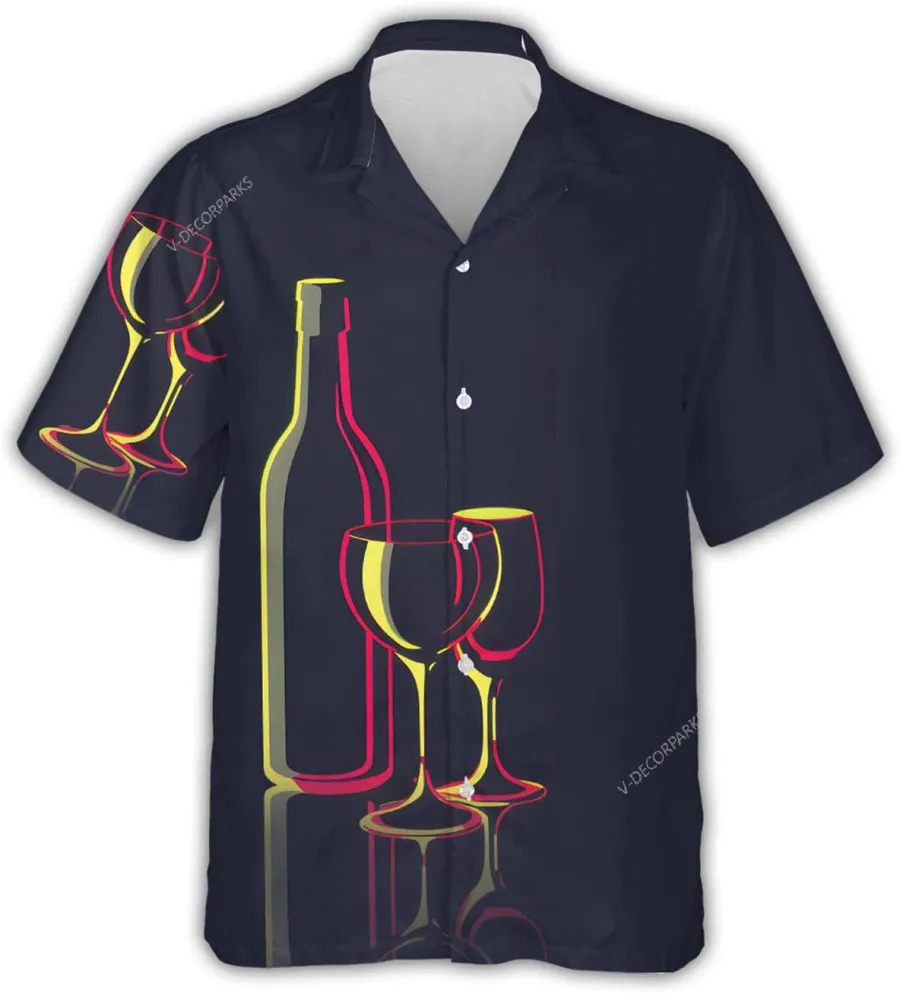Wine Bottle And Glass Hawaiian Shirt Short Sleeve, Casual Button Down Shirt, Hawaiian Style Shirts, Summer Beach Shirt, Gift For Wine Lovers