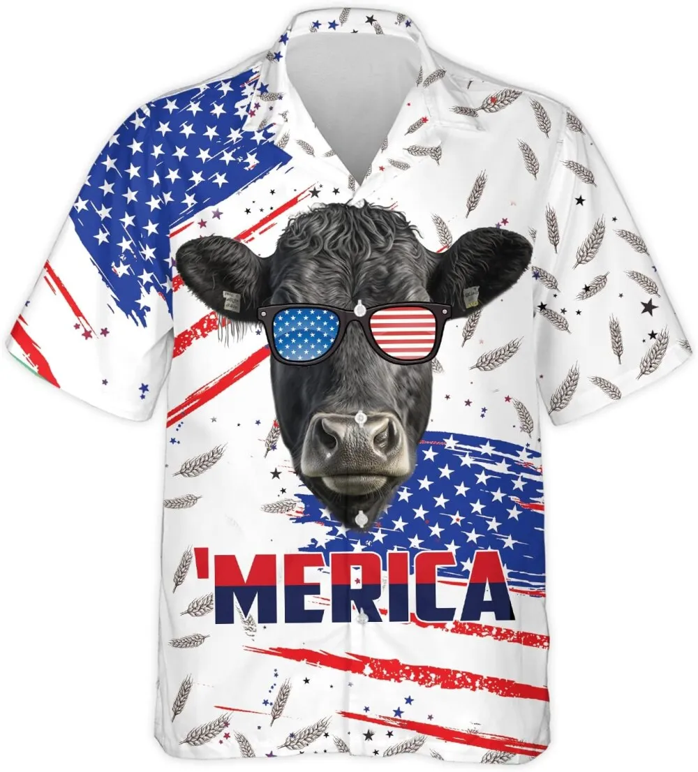Black Angus Mens Hawaiian Shirt, merica Funny Animal Hawaiian Shirt, Patriotic Summer Shirts, 4th Of July Shirt Casual Button Down Shirt Short Sleeve