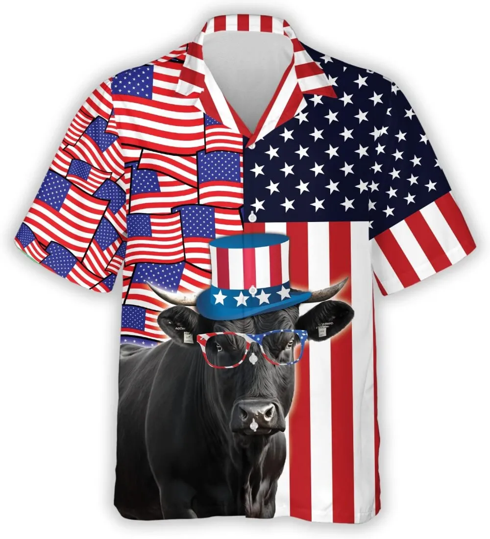 Black Angus Hawaiian Shirts, American Flag Cruise Shirts, Patriotic Cow Summer Beach Shirts, Funny Independence Day Button Down Shirts Short Sleeve