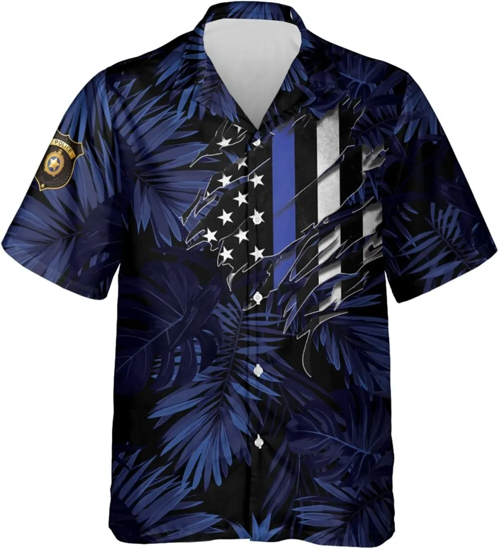 Policeman Hawaiian Shirt For Men, Police Us Flag Cruise Shirt For Men, Police Summer Shirts, Tropical Printed Casual Button Down Shirt Short Sleeve