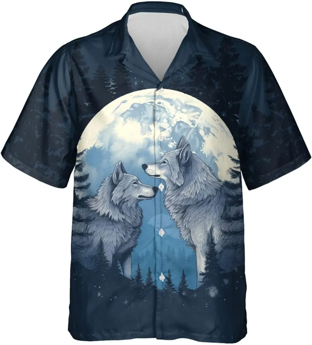 Wolf Howling Hawaiian Shirts, Wildlife Night Full Moon Cruise Shirt, Wolf Summer Beach Shirts, Casual Button Down Shirt Short Sleeve For Wolf Lovers