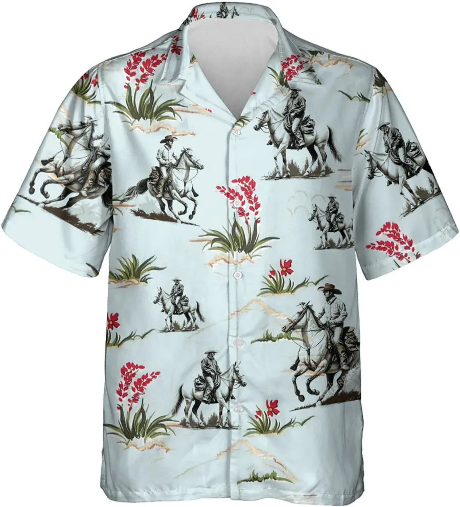 Western Cowboy And Wild Flower Hawaiian Shirt, Cowboy Hawaiian Style Shirt, Button Vintage Aloha Hawaii Shirt, Short Sleeve Button Down Aloha Shirt