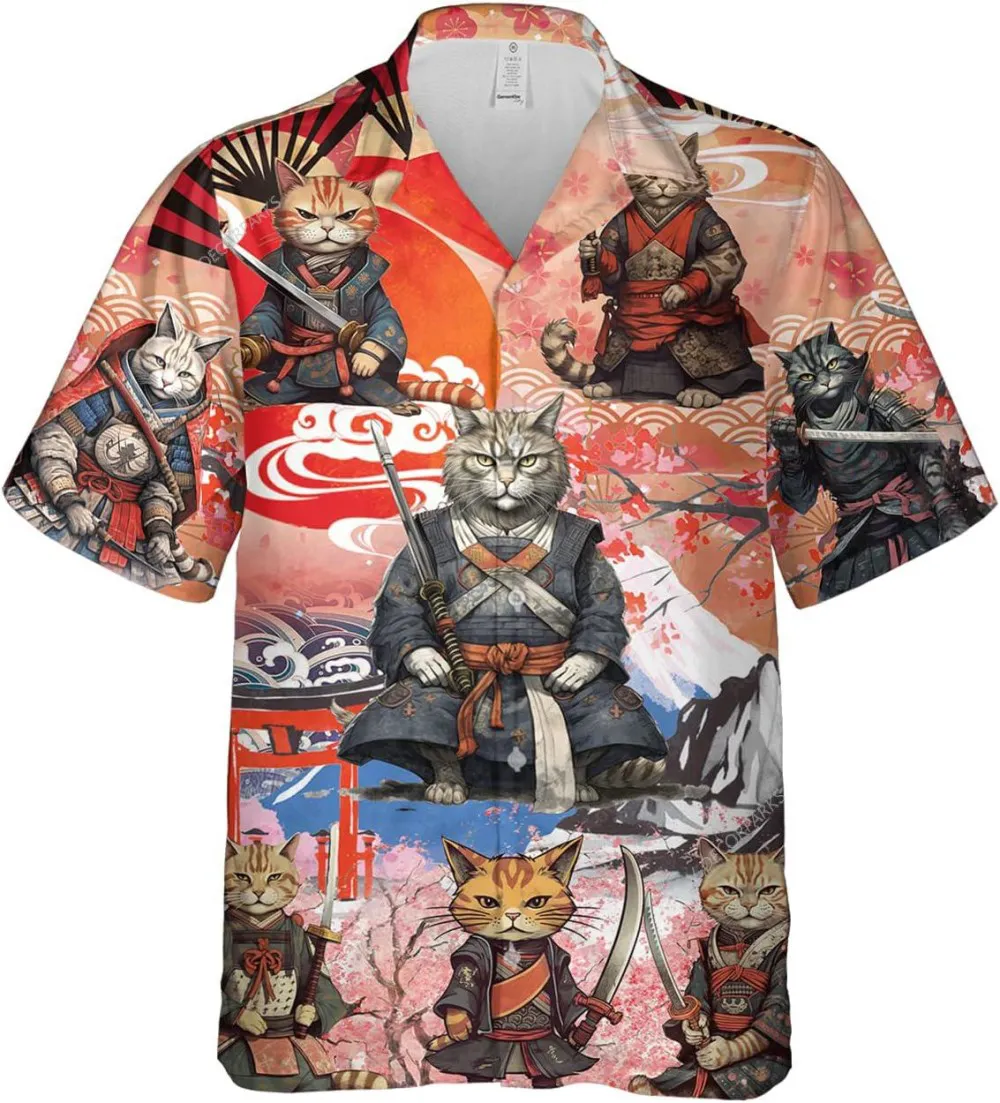 Samurai Cat And Cherry Blossom Hawaiian Shirt For Men Women, Cat Warrior Casual Button Down Short Sleeve Hawaiian Shirts, Gift For Cat Lovers
