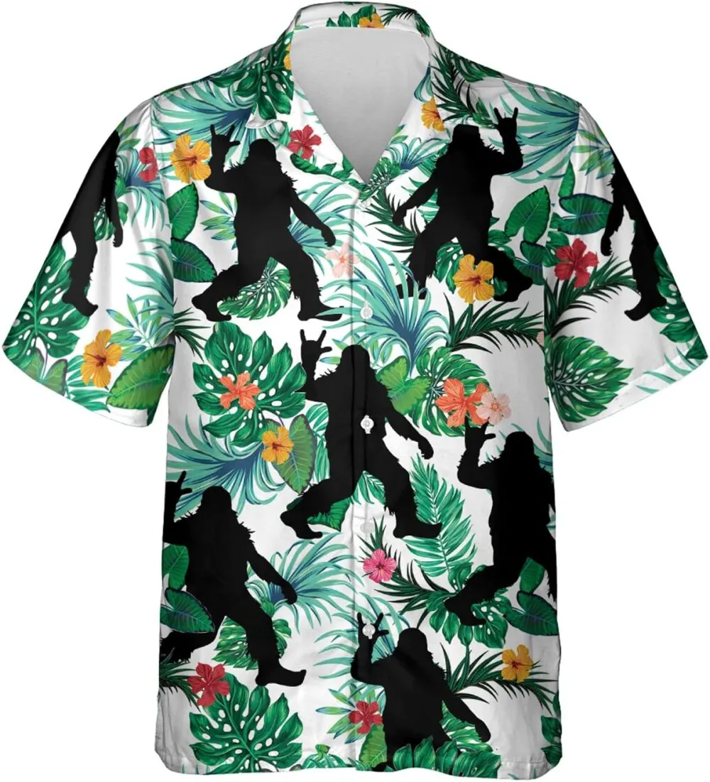 Bigfoot Hawaiian Shirts For Men, Big Foot Sasquatch Button Down Short Sleeve, Funny Hawaiian Shirt, Tropical Flower Beach Shirts For Men, Aloha Shirts