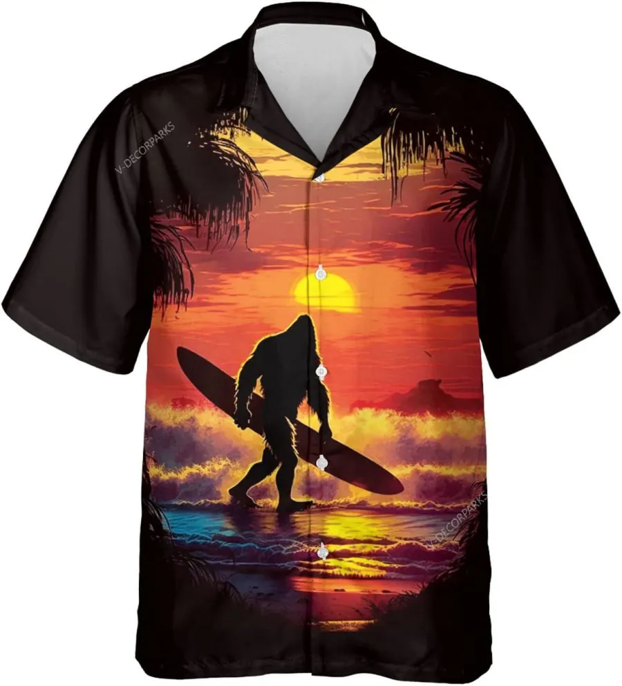 Bigfoot Surfing And Beach Sunset Hawaiian Shirts, Bigfoot Shirt, Tropical Sunset Summer Aloha Shirt, Button Down Short Sleeve Hawaiian Shirt
