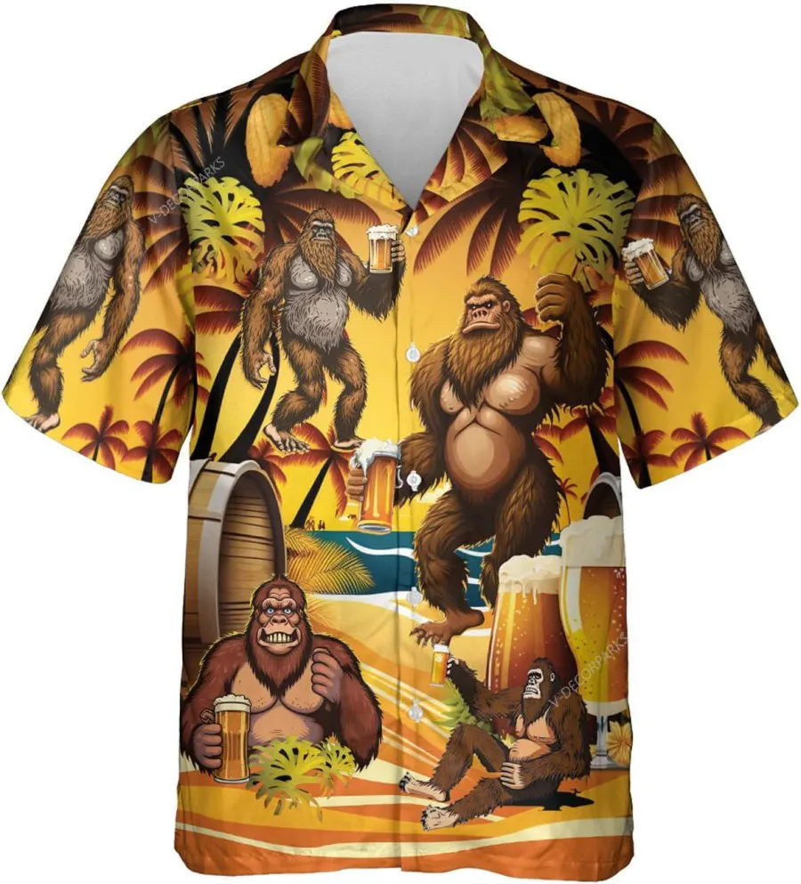 Funny Bigfoot And Beer Hawaiian Shirts For Men Women - Bigfoot Tropical Summer Beach Shirt, Casual Button Down Short Sleeve Hawaiian Shirt