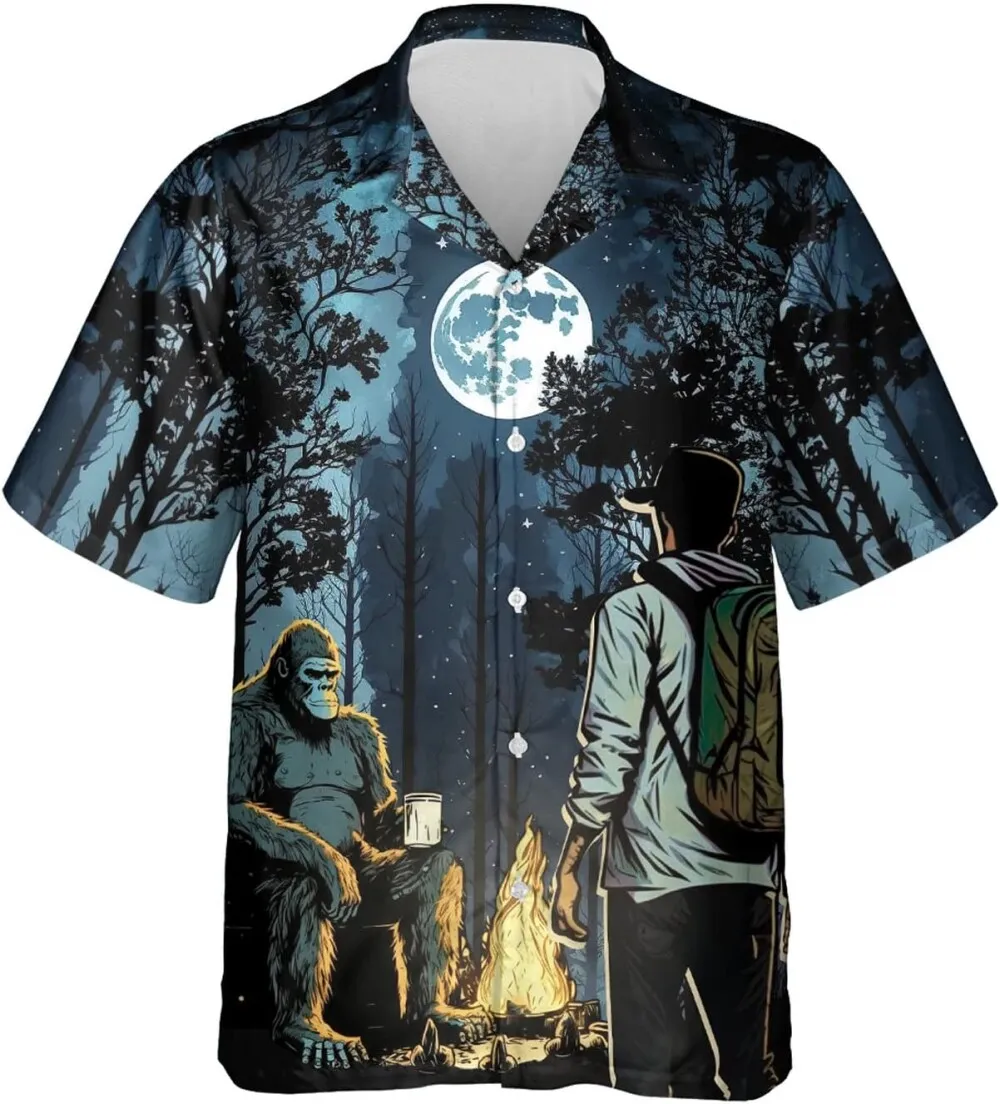 Camping Bigfoot Hawaiian Shirts For Men, Sasquatch Hawaiian Shirts, Mysterious Night Button Down Hawaiian Shirts Short Sleeve, Gift For Camping Lover
