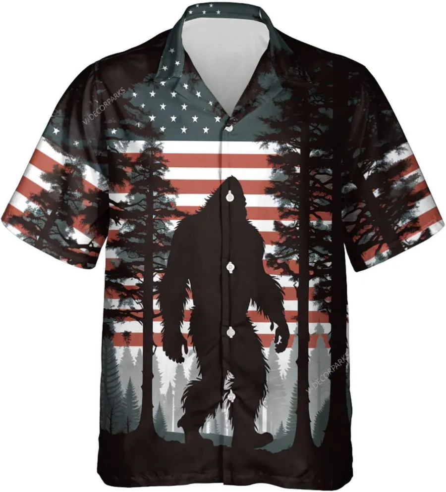 America Bigfoot Mens Hawaiian Shirts, Bigfoot Casual Button Down Hawaiian Shirt, Summer Beach Shirt, Patriotic Shirt, Sasquatch Aloha Shirt