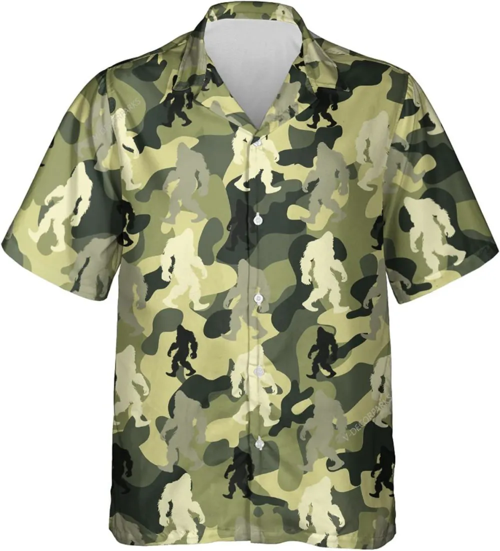 Camouflage Bigfoot Button Down Hawaiian Shirts Short Sleeves, Bigfoot Shirt, Sasquatch Shirt, Summer Vacation Hawaiian Shirt, Casual Printed Shirt