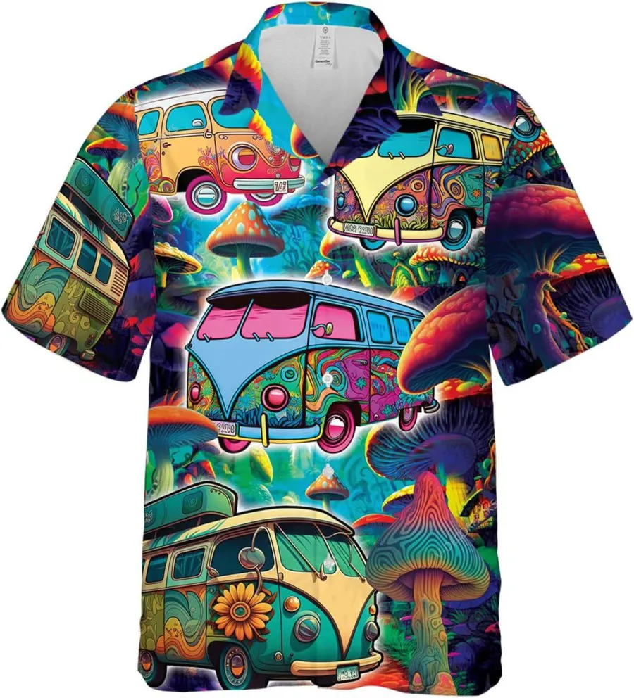 Hippie Bus And Psychedelic Mushroom Hawaiian Shirts, Hippie Bus Button Down Mens Hawaiian Shirts, Hippie Style Shirt, Magic Mushroom Aloha Shirt