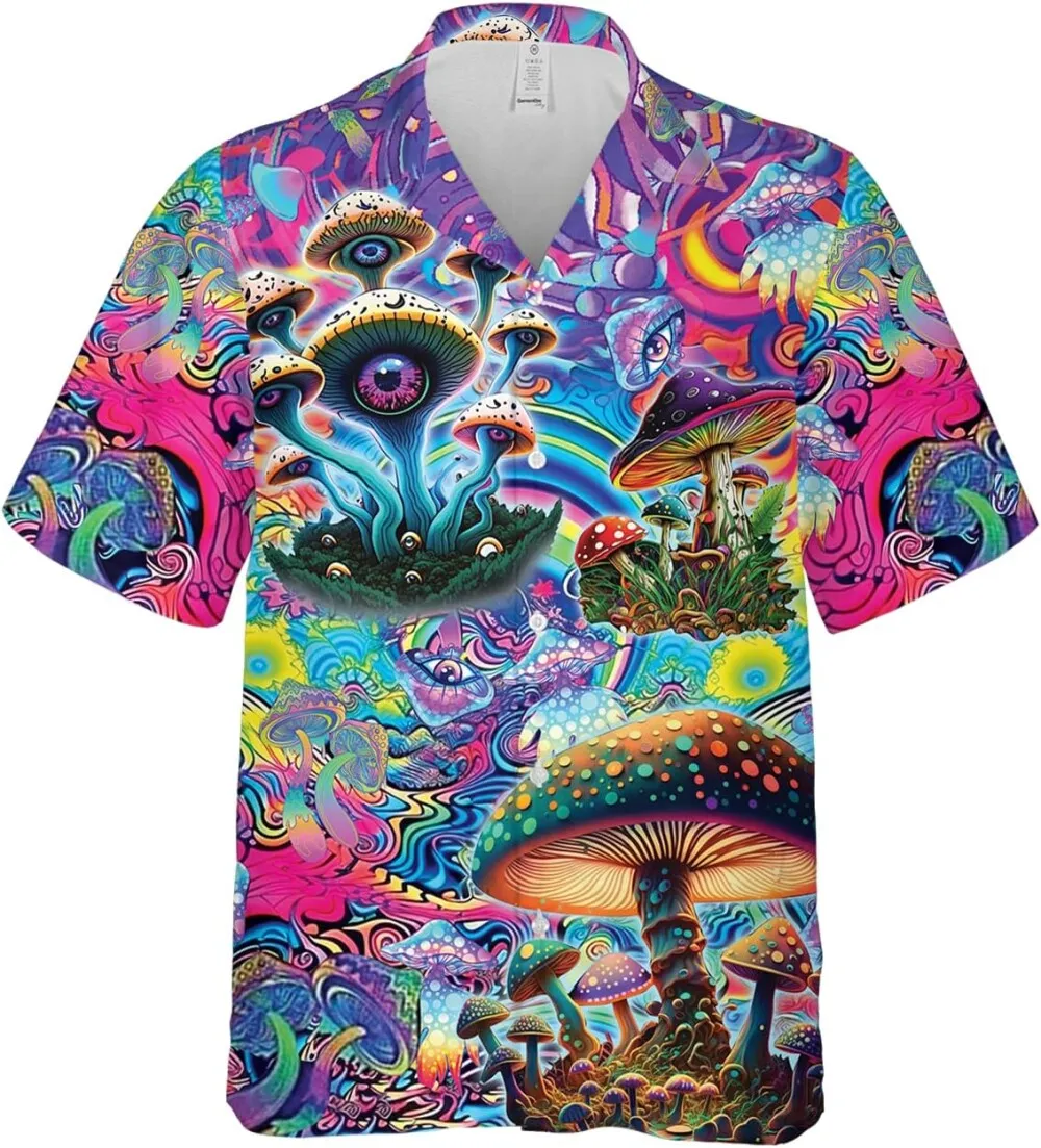 Magic Mushrooms Hawaiian Shirts For Men, Psychedelic Mushroom Hawaiian Shirt, Trippy Psychedelic Button Down Mens Short Sleeve Shirts, Aloha Shirts