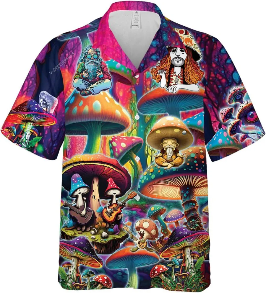 Funny Psychedelic Mushrooms Men Hawaiian Shirts, Meditating Man Casual Printed Beach Shirt, Button Down Hawaiian Shirt, Short Sleeve Aloha Shirt