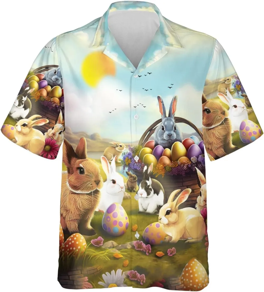 Beautiful Rabbits Hawaiian Shirts For Men Women, Happy Easter Day Summer Shirt, Rabbit Easter Casual Button Down Mens Hawaiian Shirts Short Sleeve