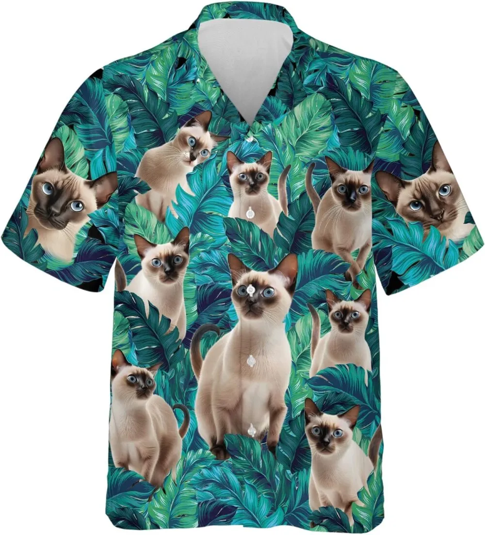 Funny Cat Jungle Hawaiian Shirts For Men Women, Siamese Cat Hawaiian Shirt, Tropical Button Down Mens Hawaiian Shirts Short Sleeve, Gift For Cat Lover