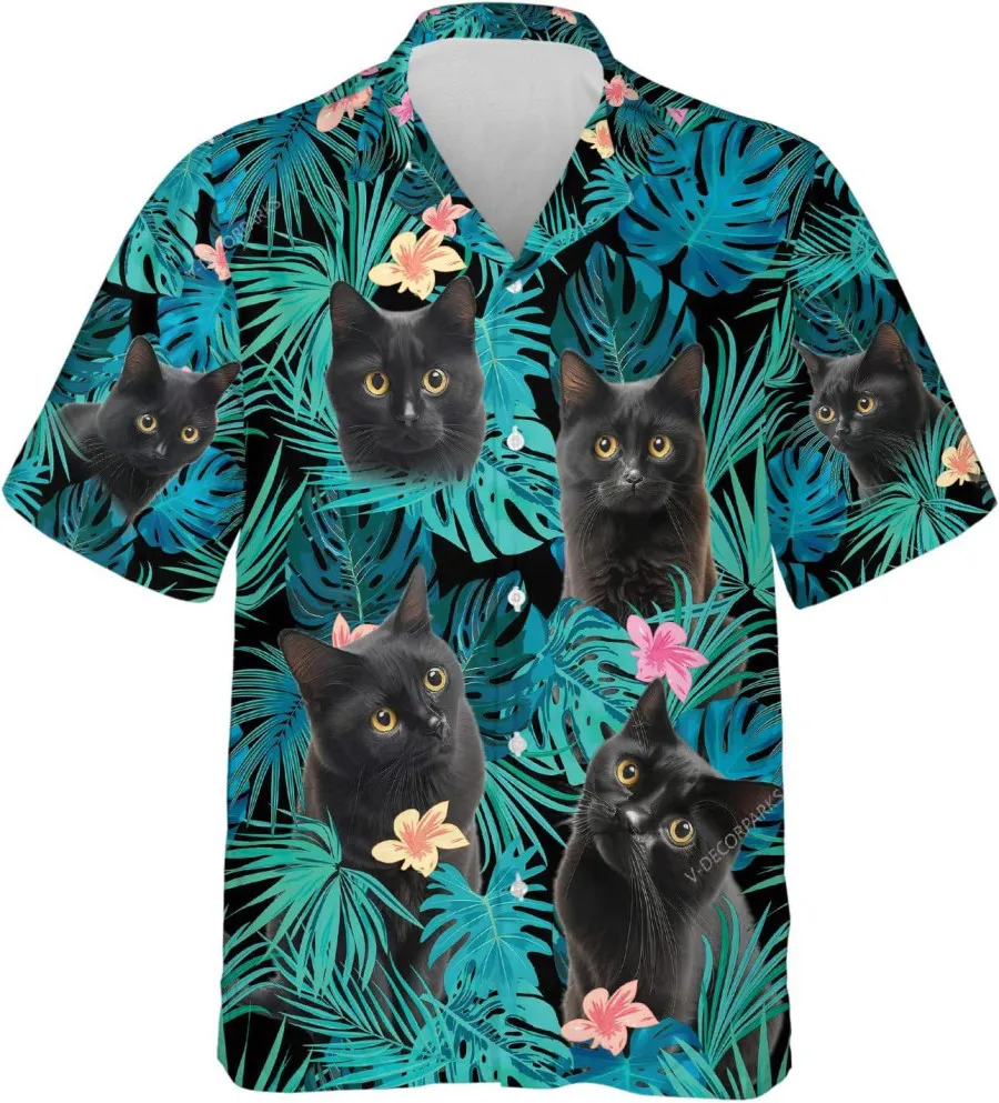Black Cat Tropical Printed Shirt For Men Women, Tropical Cat Hawaiian Shirt, Summer Beach Shirt, Cat Button Down Shirt, Family Aloha Shirt