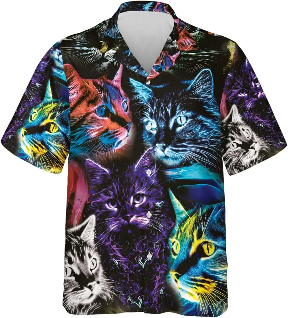 Colorful Cat Hawaiian Shirts For Men Women, Gift For Cat Lover, Animal Summer Shirts, Cat Lovers Mens Casual Button Down Hawaiian Shirts Short Sleeve