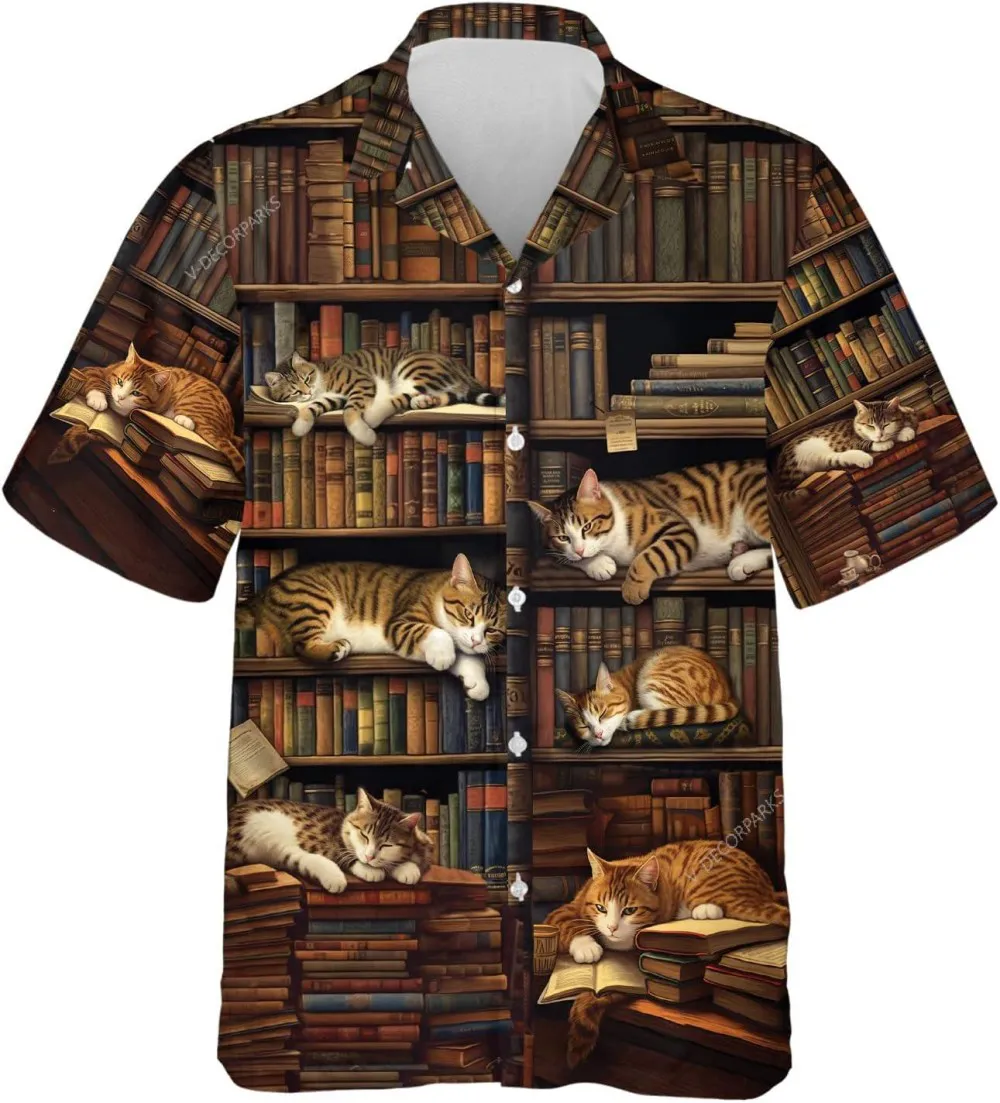 Library Cat And Books Hawaiian Shirts For Men Women, Cat Button Vintage Aloha Hawaii Shirt, Short Sleeve Summer Beach Shirt, Casual Printed Shirt