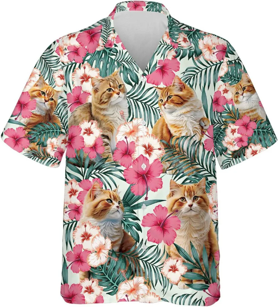 Lovely Cat And Hibiscus Flower Hawaiian Shirts For Men Women, Floral Pet Tropical Beach Shirt, Aloha Hibiscus Shirt, Button Down Mens Hawaiian Shirts
