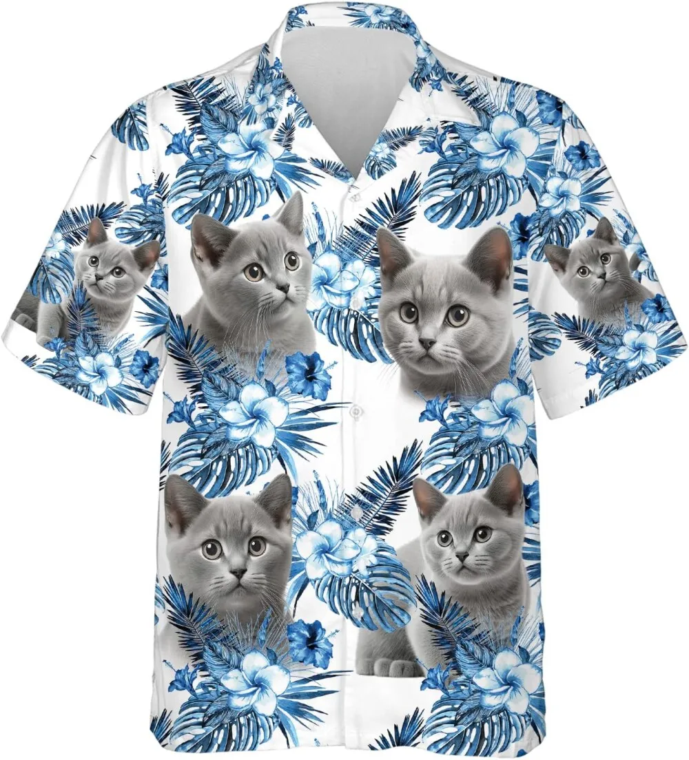 Lovely Cat Face Hawaiian Shirts For Men Women, Short Hair Cat Hawaiian Shirt, Blue Floral Button Down Mens Hawaiian Shirts Short Sleeve, Aloha Shirts