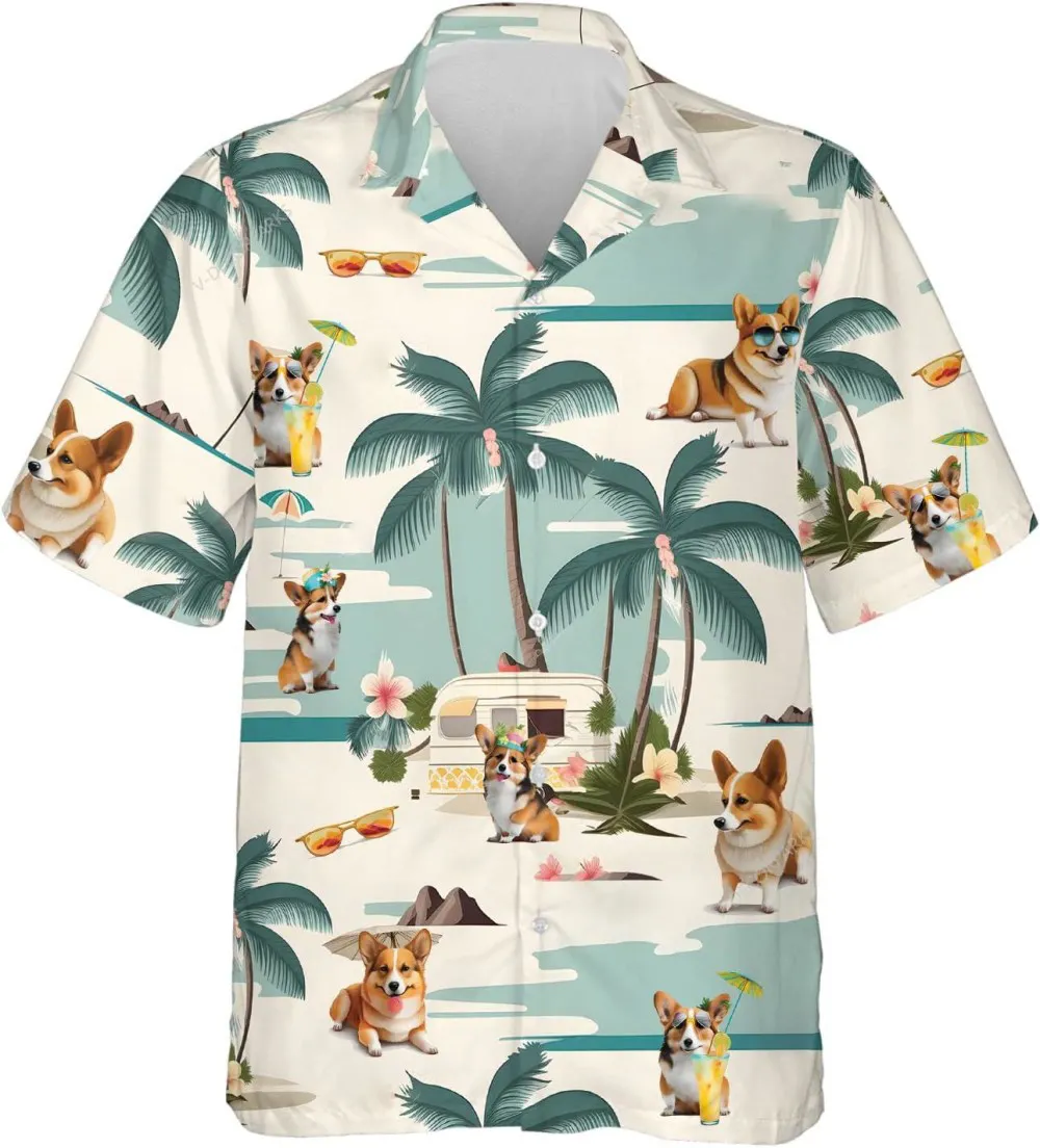 Chilling Corgi Summer Vacation Hawaiian Shirts For Men Women, Tropical Casual Printed Button Down Hawaiian Shirts, Summer Beach Shirt, Aloha Shirt