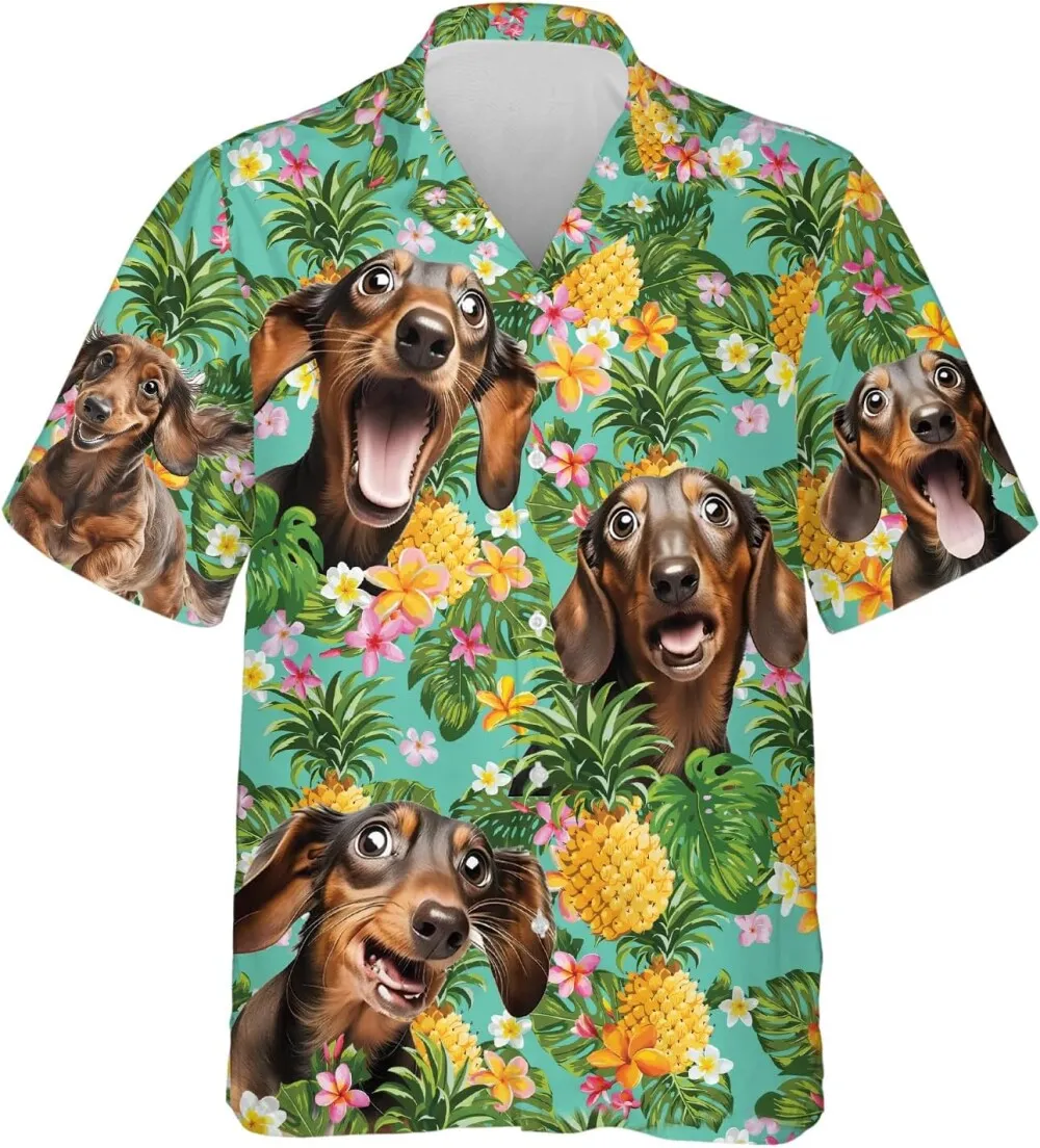 Pineapple Dachshund Hawaiian Shirts For Men, Funny Dachshund Hawaiian Shirts, Tropical Beach Shirts, Summer Fruits Button Down Short Sleeve Shirts