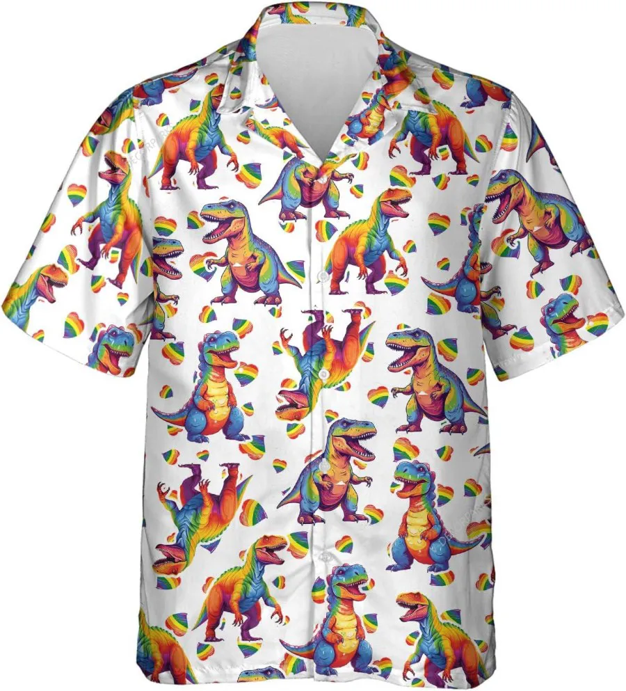 Lgbt Rainbow Dinosaur Hawaiian Shirts For Men Women, Proud T-rex Button Down Hawaiian Shirts Short Sleeve, Lgbtq+ Shirt, Lgbt Aloha Shirt