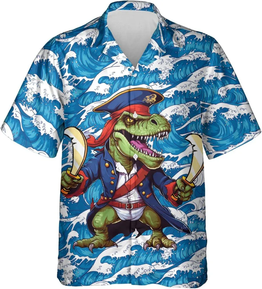 Funny Dinosaur Pirate And Waves Hawaiian Shirts For Men Women, T-rex Hawaiian Casual Button Down Shirt, Summer Vacation Hawaiian Shirt, Aloha Shirt