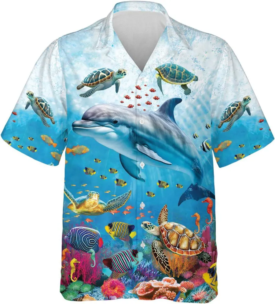 Dolphin And Turtle Hawaiian Shirts For Men Women, Ocean Hawaiian Aloha Shirt, Sea Creature Summer Beach Shirt, Casual Button Down Shirt
