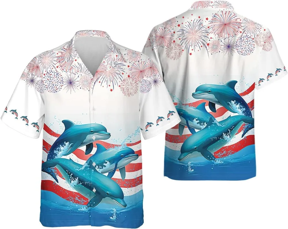 Independence Hawaiian Shirts For Men Women, Funny Dolphin American Flag Hawaiian Shirt, Patriotic Casual Button Down Mens Hawaiian Shirts Short Sleeve
