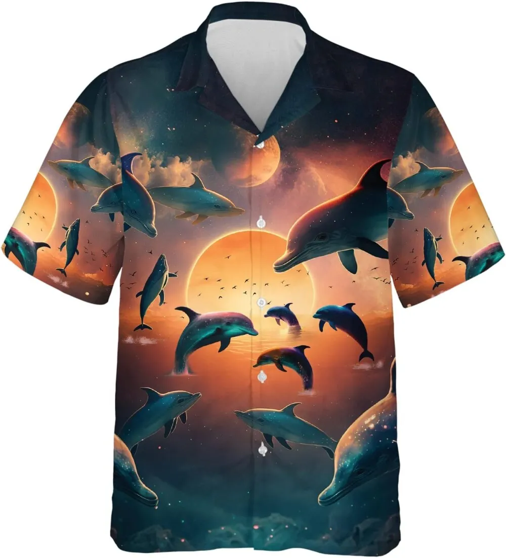 Dolphin Universe Hawaiian Shirts For Men Women, Sunset Romantic Summer Beach Shirts, Beautiful Dolphins Button Down Short Sleeve Shirts, Aloha Shirts