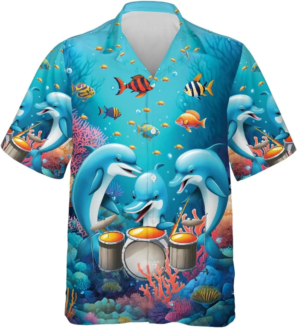 Funny Dolphins Playing Drums Hawaiian Shirts, Sea Animals Hawaiian Shirts, Funny Summer Beach Shirts, Dolphins Casual Button Down Short Sleeve Shirts