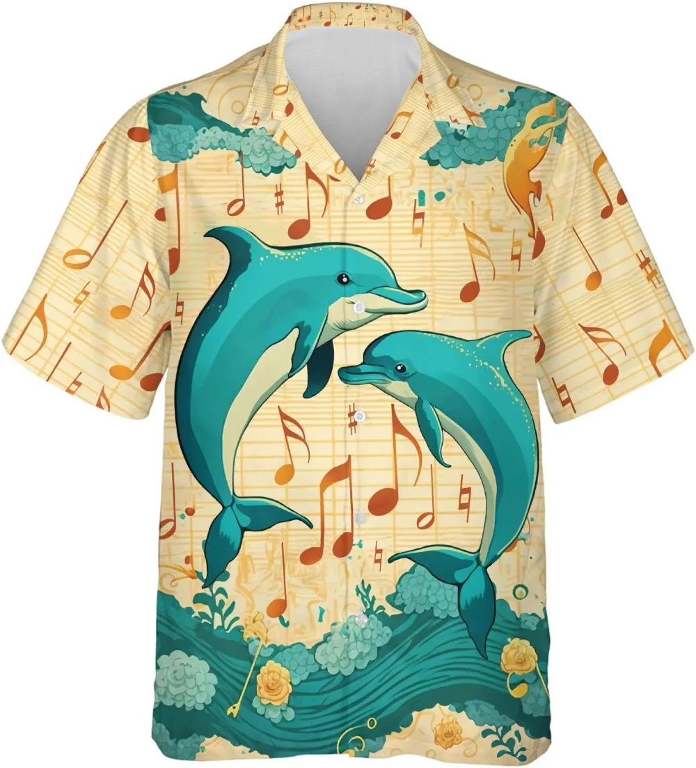Dolphin Music Hawaiian Shirts For Men, Funny Hawaiian Shirts, Summer Beach Shirts, Casual Button Down Mens Hawaiian Shirt Short Sleeve For Music Lover