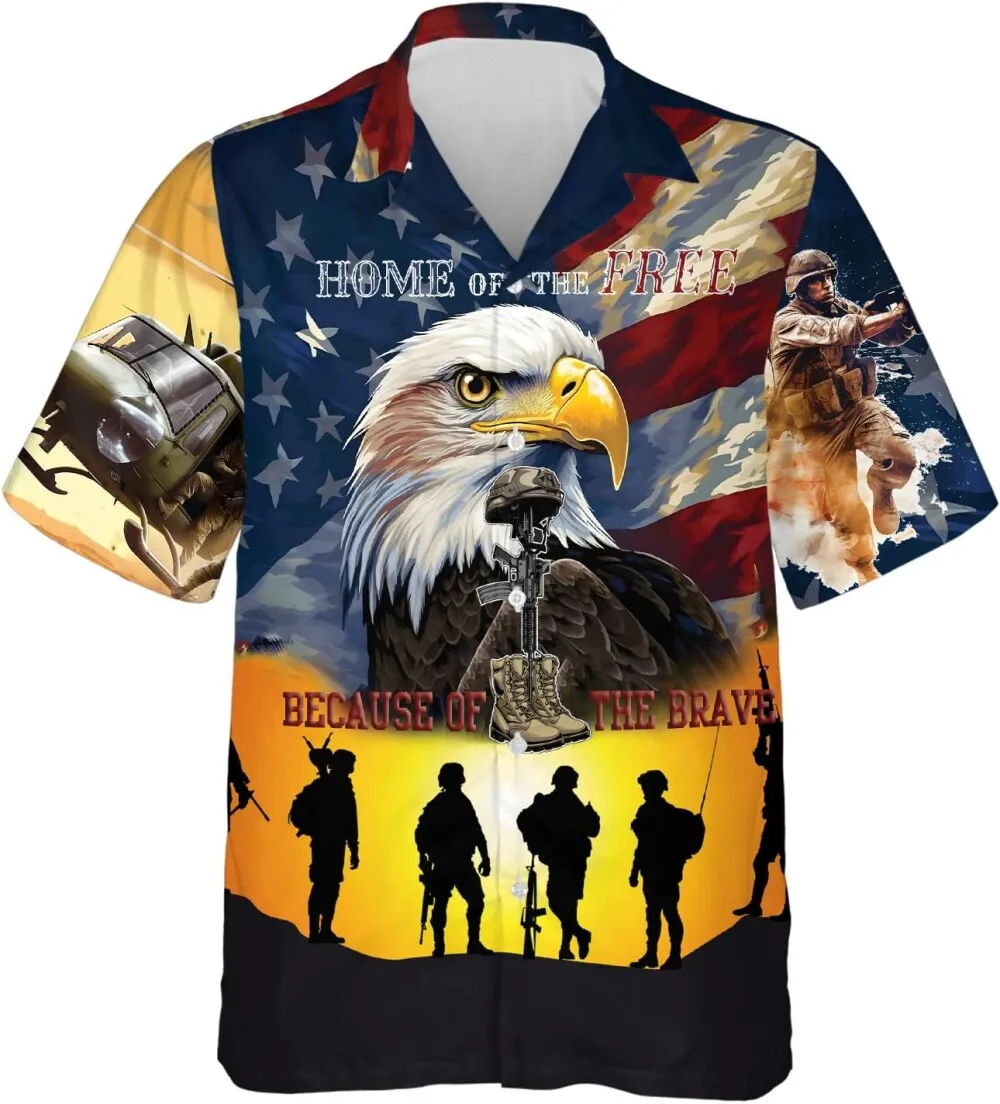 Eagle Hawaiian Shirts For Men, Memorial Veterans Mens Hawaiian Shirts, Patriotic American Soldiers Short Sleeve, 4th Of July Casual Button Down Shirts