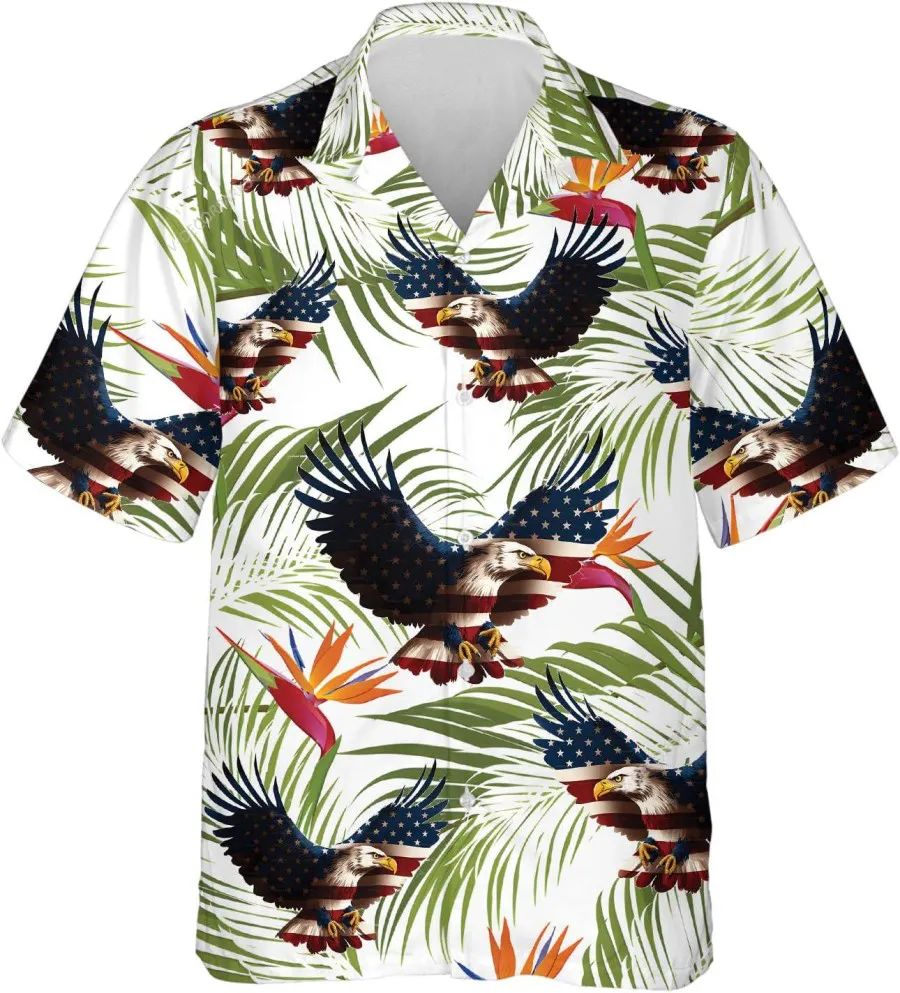American Eagle Tropical Pattern Summer Mens Hawaiian Shirt, America Casual Button Down Hawaiian Shirts, Eagle Aloha Shirt, Family Summer Beach Shirt
