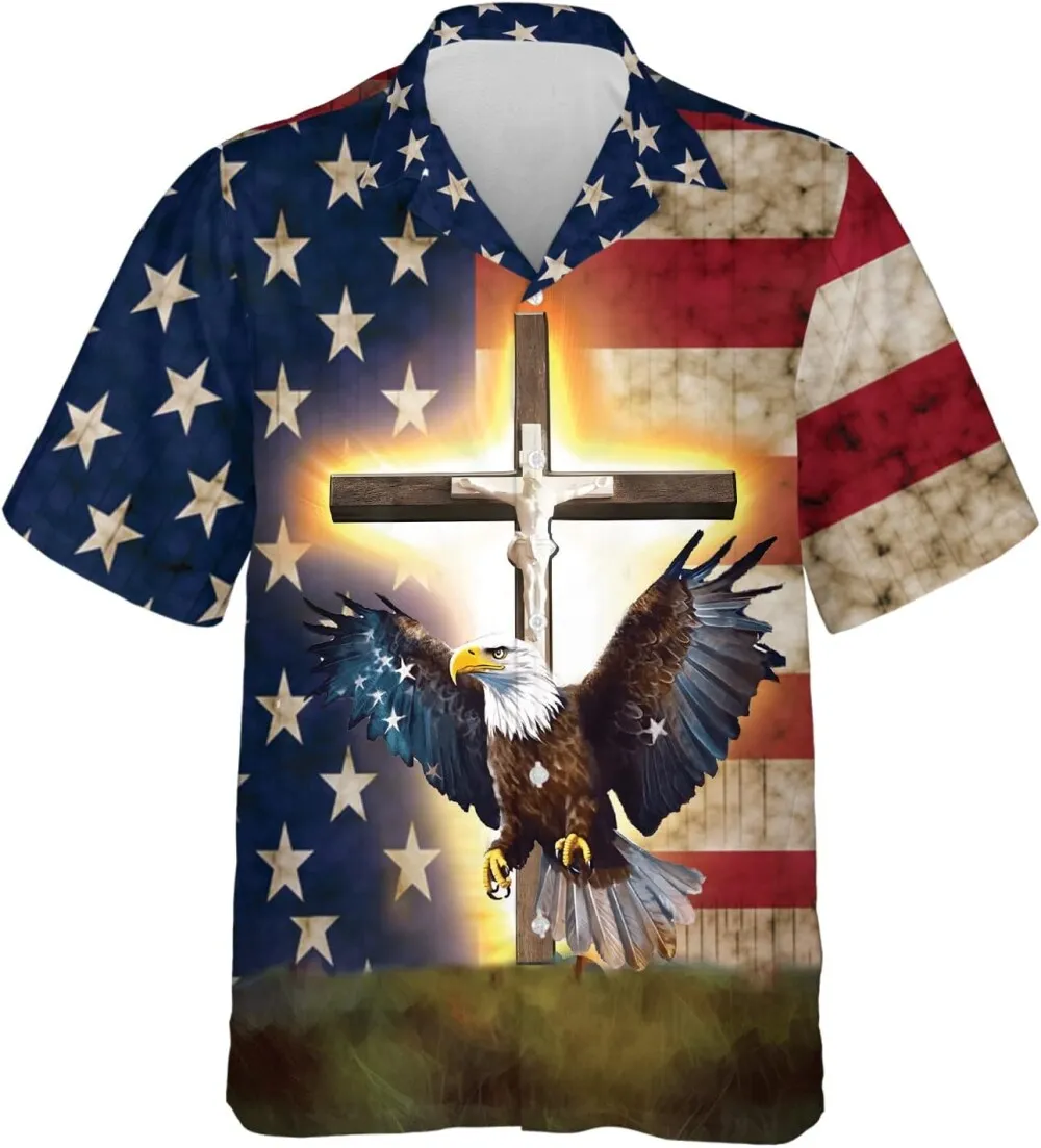 Eagle And Jesus Hawaiian Shirts For Men, American Flag Jesus Cross Summer Shirt, Patriotic Short Sleeve Button Down Shirt, Independence Hawaiian Shirt