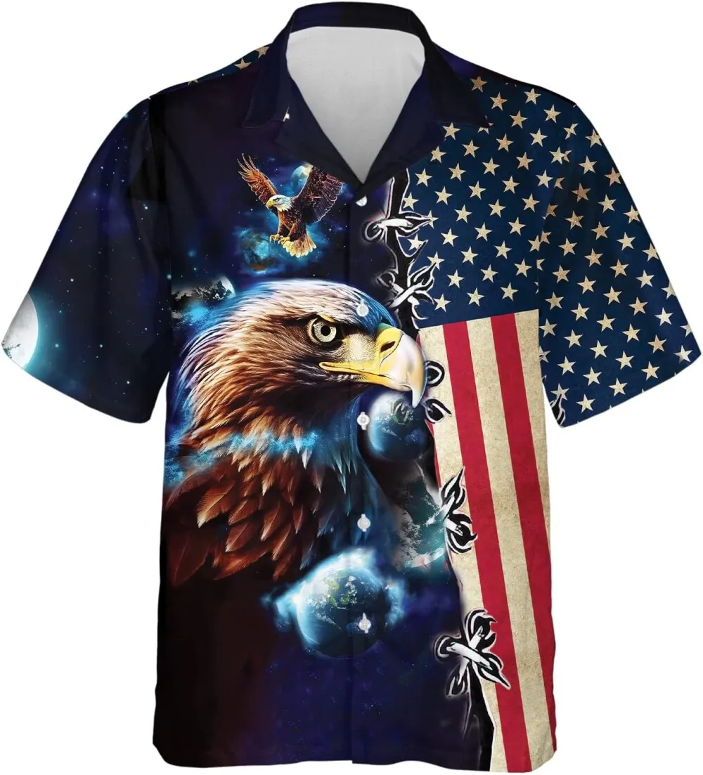 Eagle Astronaut Mens Hawaiian Shirts, American Flag Eagle Summer Shirt, Patriotic Hawaiian Shirts Short Sleeve, 4th Of July Casual Button Down Shirts