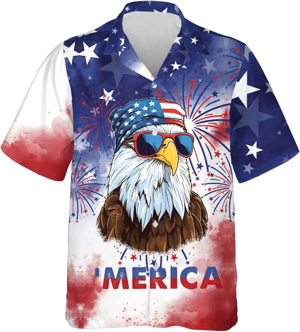 Merica Eagle Hawaiian Shirts, Funny Eagle Merica Summer Beach Shirts, Independence Day Button Down Short Sleeve Shirt, Patriotic Eagle Hawaiian Shirt