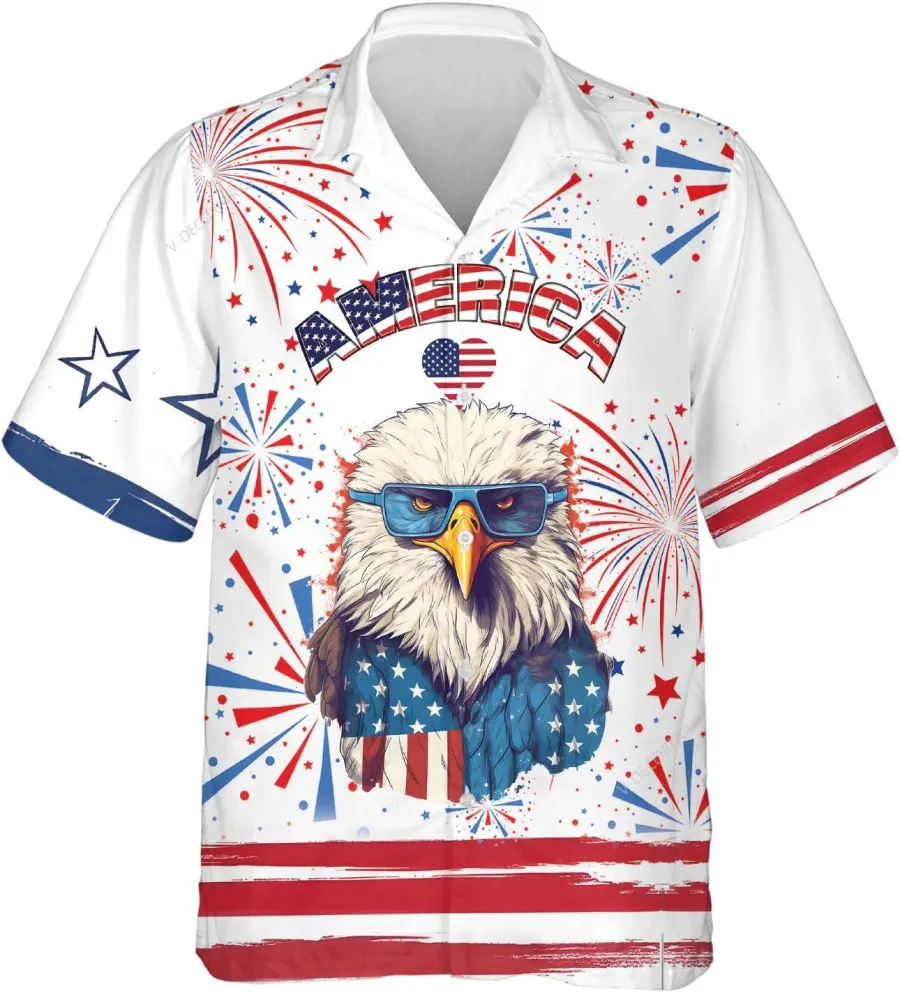 Powerful American Eagle Hawaiian Shirts For Men, Patriotic Shirt, Casual Button Down Short Sleeve Shirt, American Flag Hawaiian Aloha Shirt