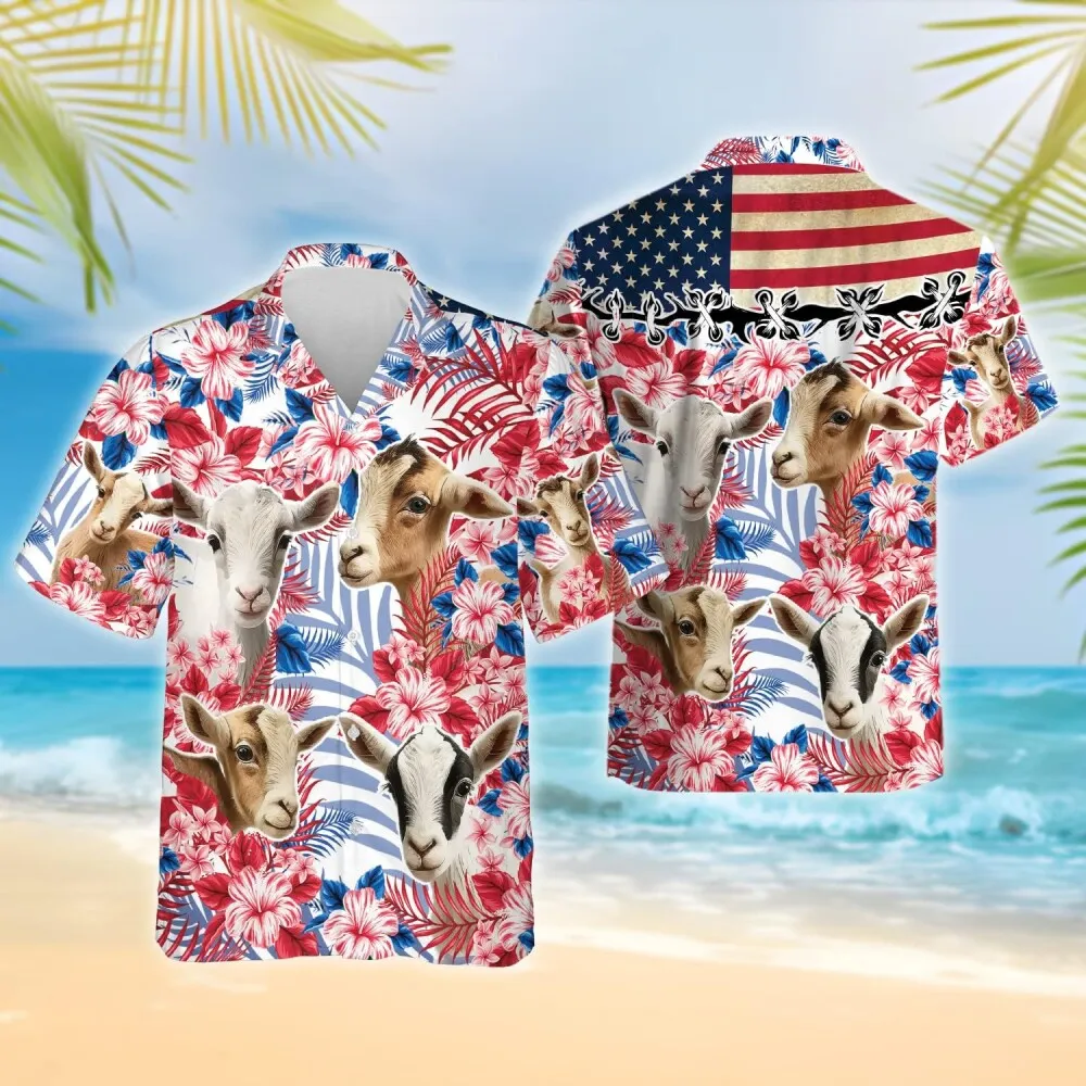 America Goat Hawaiian Shirts For Men, Funny Goat Tropical Summer Shirt, Hibiscus Shirt, Floral Patriotic Button Down Mens Hawaiian Shirts Short Sleeve