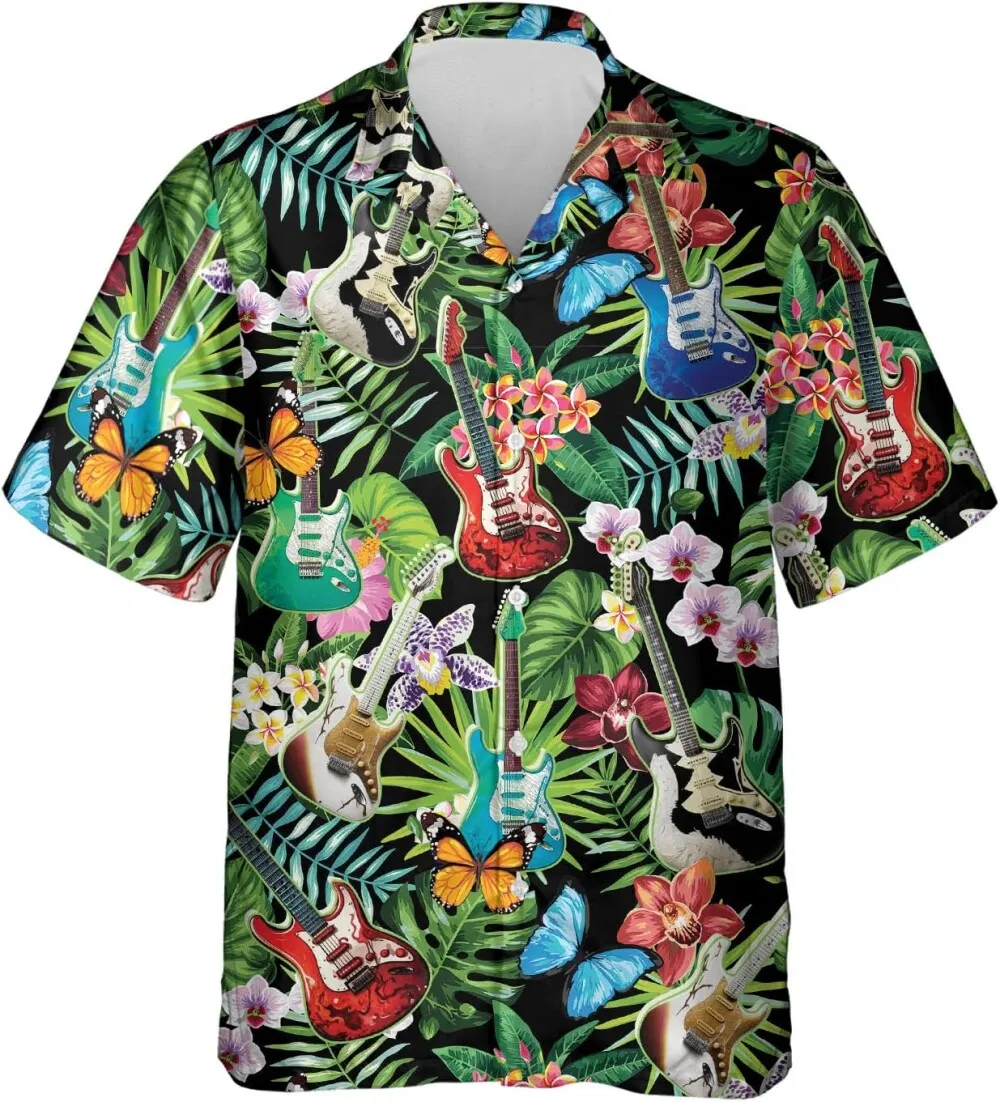 Tropical Guitar Hawaiian Shirts, Butterflies Floral Pattern Summer Beach Shirts, Hibiscus Guitar Button Down Shirts Short Sleeve, Guitars Aloha Shirts