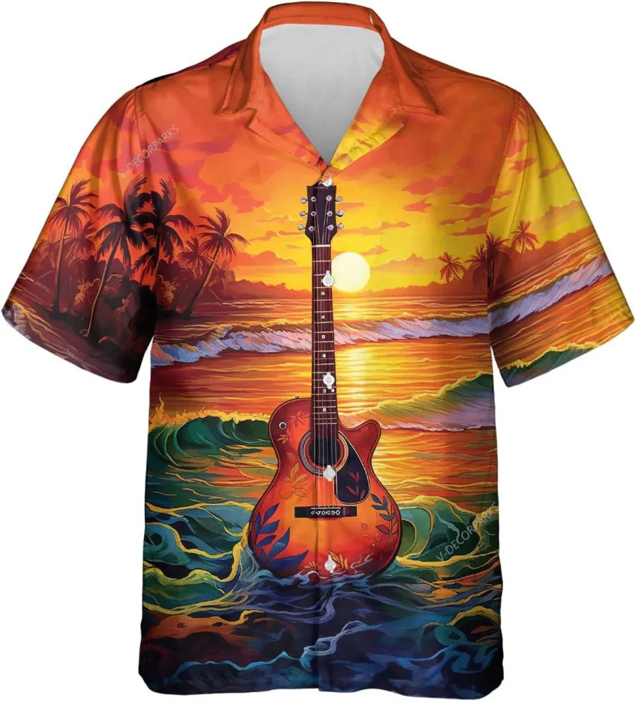 Guitar And Tropical Beach Sunset Hawaiian Shirt, Guitar Aloha Summer Shirt, Tropical Button Down Hawaiian Shirt, Casual Printed Shirt