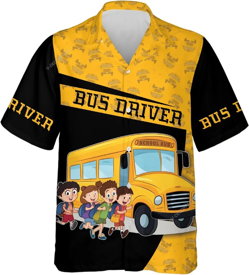 School Bus And Students Hawaiian Shirt For Men, Bus Driver Summer Aloha Shirt, Back To School, Mens Button Down Short Sleeve Hawaiian Shirt