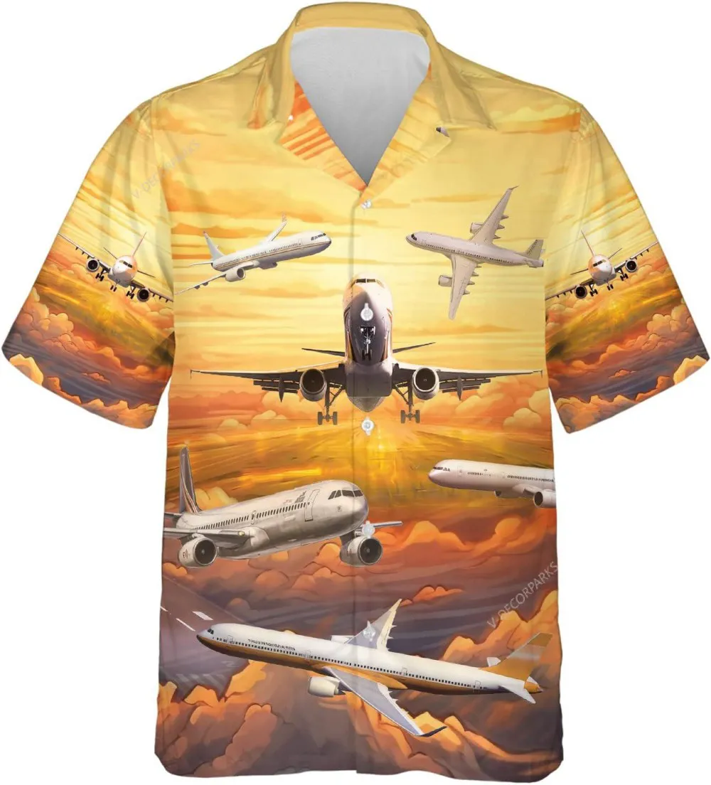 Airplane Sunset Hawaiian Shirt For Men, Plane Beach Shirt Button Down Shirt Short Sleeve, Button Vintage Aloha Hawaii Shirt, Beach Shirt